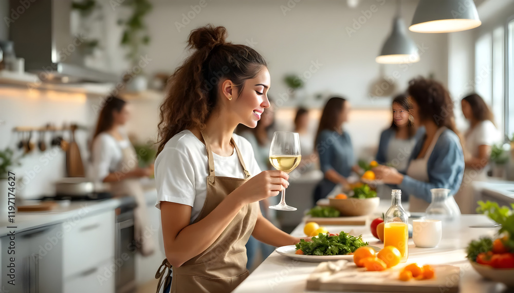 Happy Women Enjoying Cooking Class and Wine Tasting Together in Bright Modern Kitchen Fun Girls Night Out Culinary Experience Healthy Food Preparation and Social Gathering Happy Women Enjoying Cooking Class and Wine Tasting Together in Bright Modern Kitchen Fun Girls Night Out Culinary Experience Healthy Food Preparation and Social Gathering
