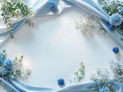 Elegant Floral Composition with White and Blue Flowers and Silk Fabric on a Soft Blue Background
