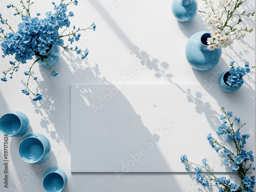 Soft and Elegant White and Blue Floral Frame with Silk Fabric on a Pastel Blue Background
