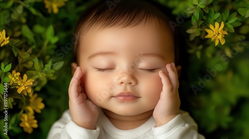 A peaceful baby peacefully sleeping in a vibrant field filled with colorful flowers under a bright blue sky showcasing nature's beauty and tranquility