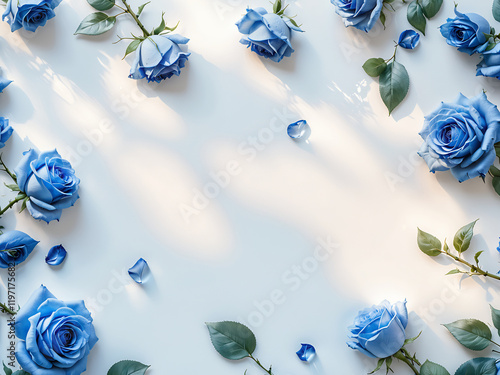 Elegant White and Blue Floral Frame with Silk Fabric on Soft Pastel Blue Background