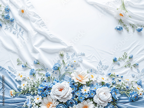 Delicate White and Blue Floral Frame on Pastel Blue Background with Silk Fabric Accents