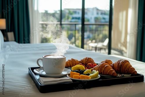 Morning bliss with a steaming cup and fresh pastries in a cozy hotel room photo