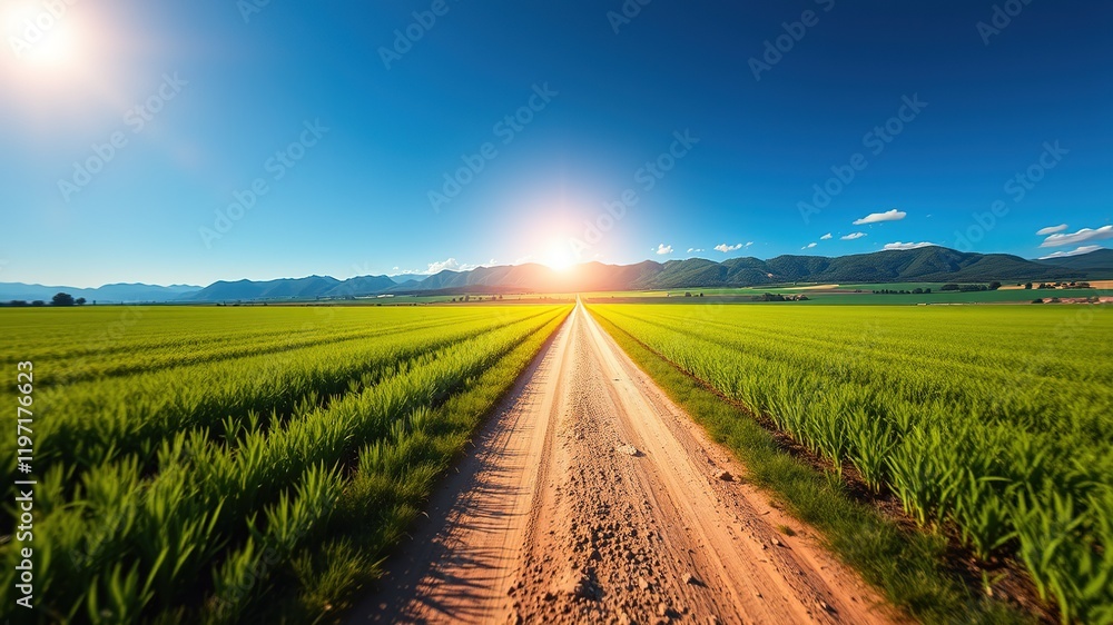 Dirt Road Sunlit Fields Mountains Blue Sky AI Photo, Scenic Landscape, Rural Beauty Dirt Road Sunlit Fields Mountains Blue Sky AI Photo, Scenic Landscape, Rural Beauty