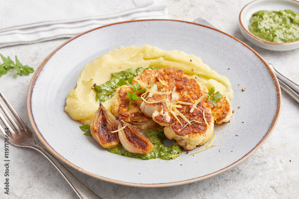 Fried Cauliflower Steaks with Creamed Potato Fried Cauliflower Steaks with Creamed Potato