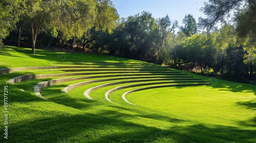 Explore a Sunlit Natural Amphitheater Amidst a Serene Forest Landscape with Lush Greenery