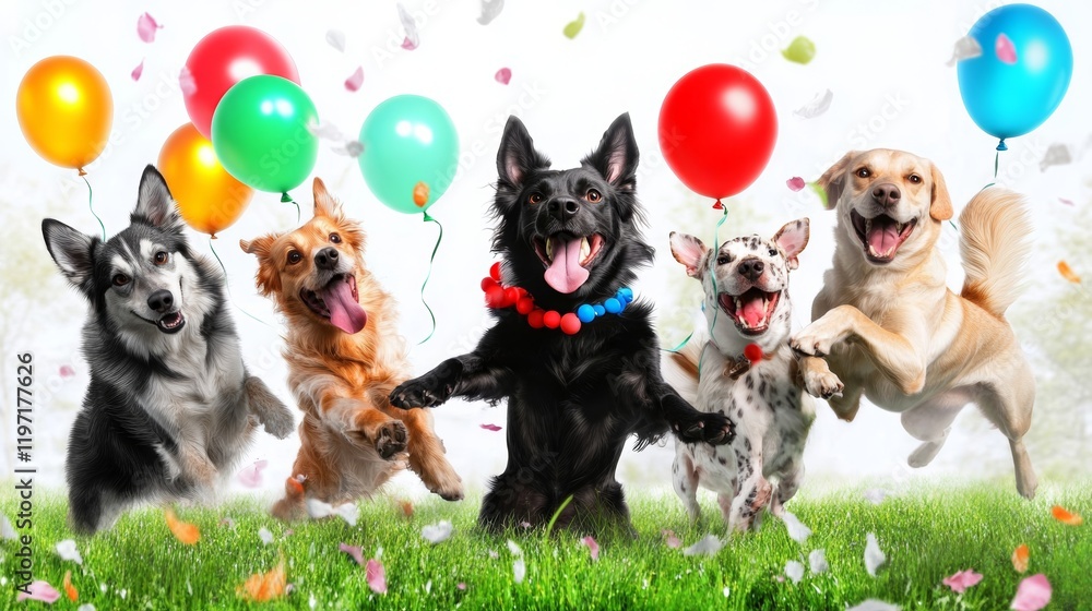 Obraz premium Joyful Dogs Jumping with Colorful Balloons in Vibrant Outdoor Celebration Capturing Festive Energy and Playful Spirit