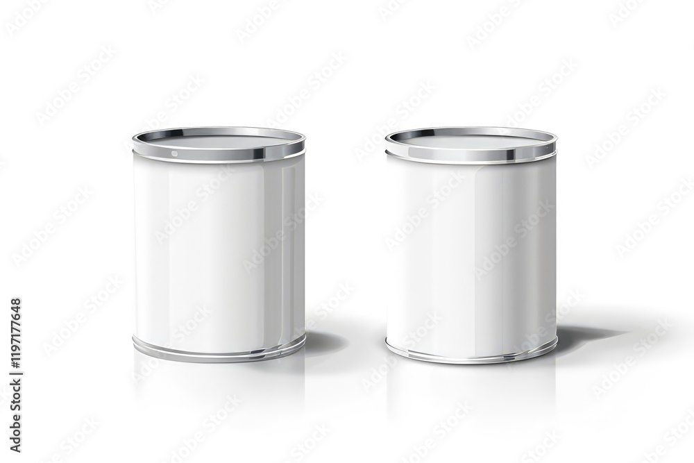 Two empty white paint cans with metallic lids, designed for storage or painting purposes. isolated on white background Two empty white paint cans with metallic lids, designed for storage or painting purposes. isolated on white background