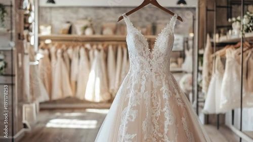 beautiful wedding dress is hanging on a hanger in wedding store