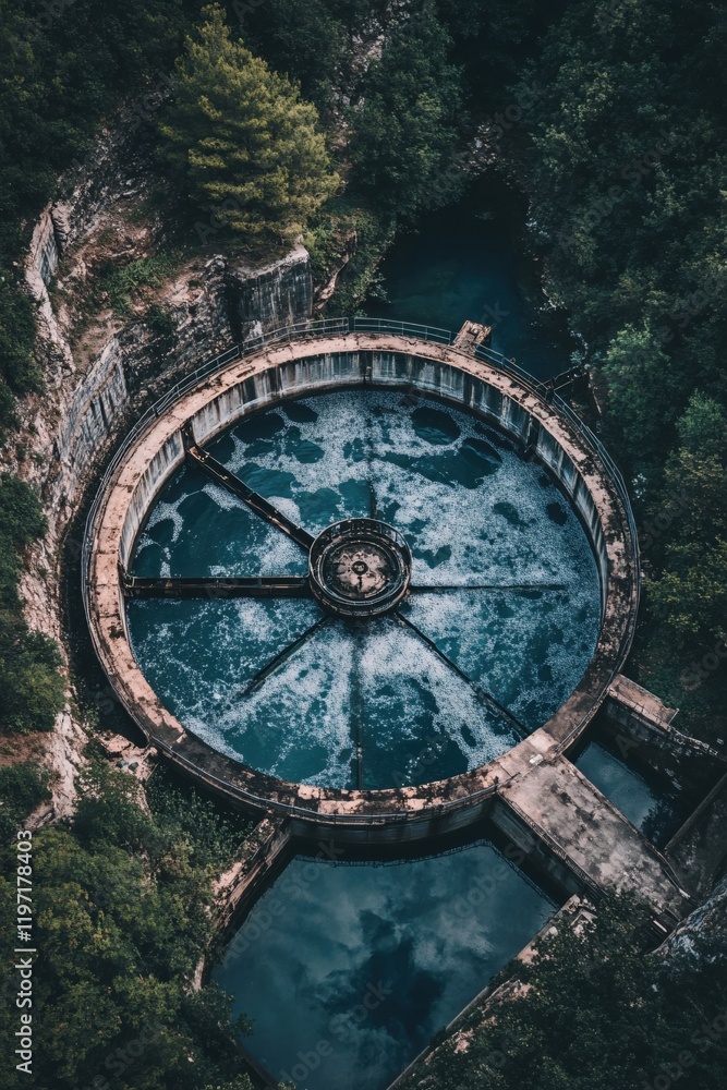 Obraz premium Aerial View of Circular Water Reservoir Surrounded by Lush Green Forest Serene Nature Scene