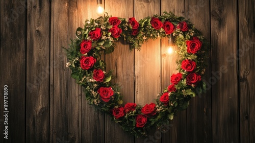 A heart-shaped wreath made of red roses and greenery hanging on a rustic wooden door with soft lighting.