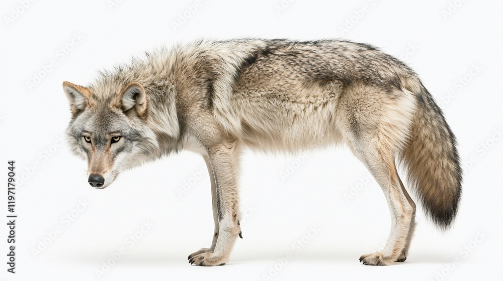 Fototapeta premium Gray wolf standing, profile view, isolated on white. (1)
