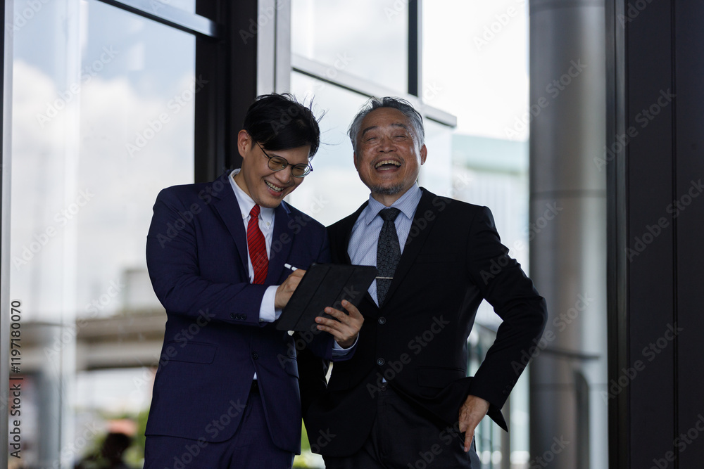 Senior businessperson is giving advice and coaching to new generation of young businessman. senior and young businessman brainstorming business development. Working together between two generations. Senior businessperson is giving advice and coaching to new generation of young businessman. senior and young businessman brainstorming business development. Working together between two generations.