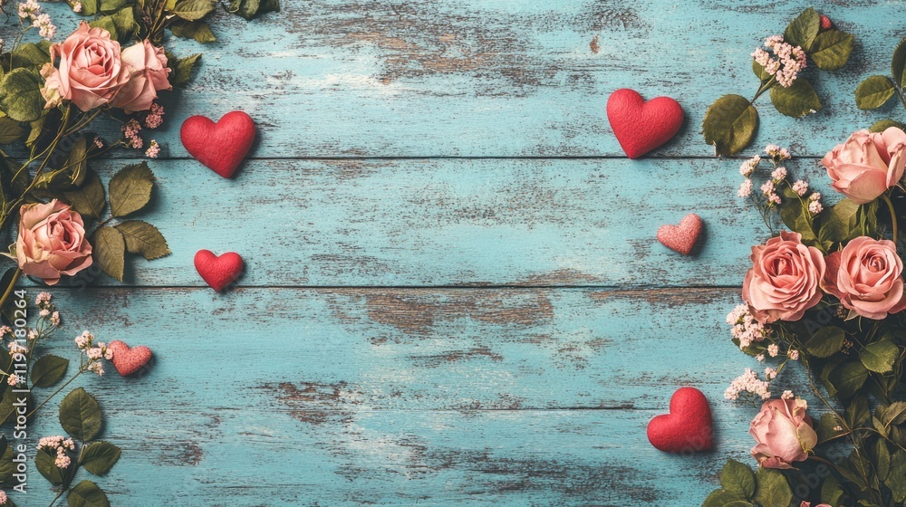 Obraz premium Valentine day or Mother day background decorated with pink red hearts and roses flowers 