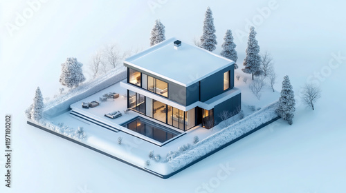 modern house in cold landscape isometric view photo