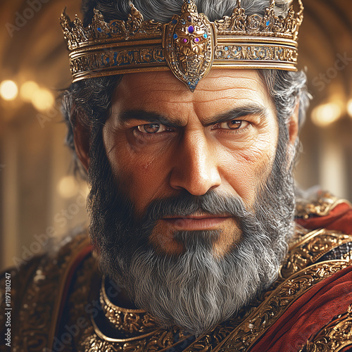 a close-up of King Ahasuerus wearing a regal crown and a richly detailed royal cloak, his commanding expression illuminated by warm ambient light