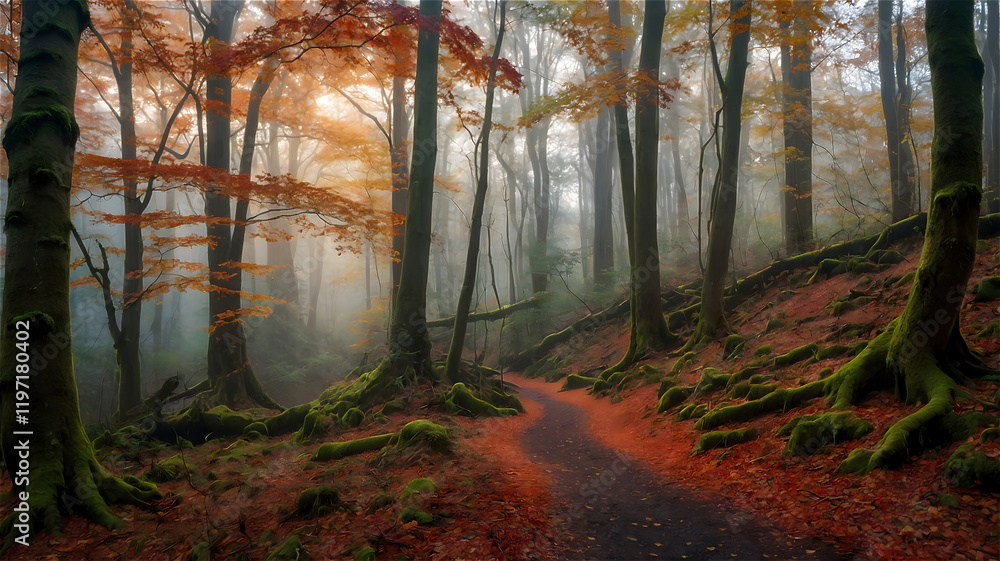 Naklejka premium Beautiful autumn forest path surrounded by colorful foliage and misty atmosphere at dawn
