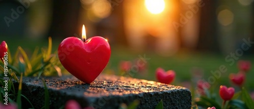 Red Heart Candle on Cemetery Tombstone - All Saints Day photo