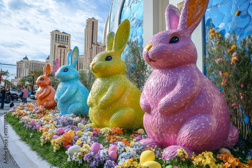 Colorful easter bunnies celebrating spring in las vegas boulevard
