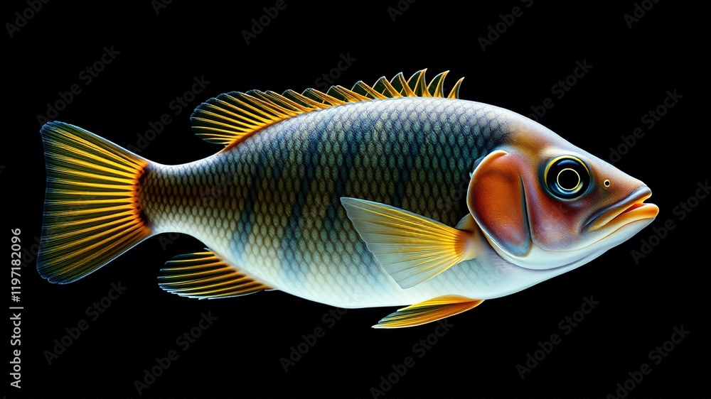 Kaviat Fish, Barbonymus schwanenfeldii, Isolated, Black Background, High Quality, Colorful, Detailed