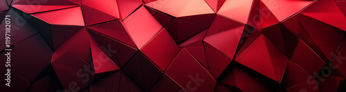Three dimensional geometric shapes in vibrant red create dynamic and modern background. angular facets and reflections evoke sense of depth and energy