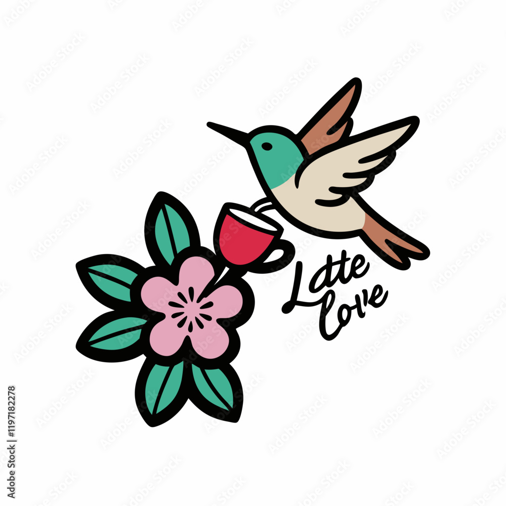 STICKER DESIGN Of A hummingbird sipping from a coffee cup surrounded by blooming flowers and heart-shaped petals STICKER DESIGN Of A hummingbird sipping from a coffee cup surrounded by blooming flowers and heart-shaped petals