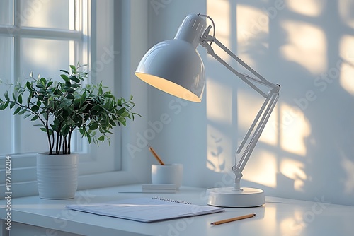 A white desk lamp illuminates a workspace by the window photo