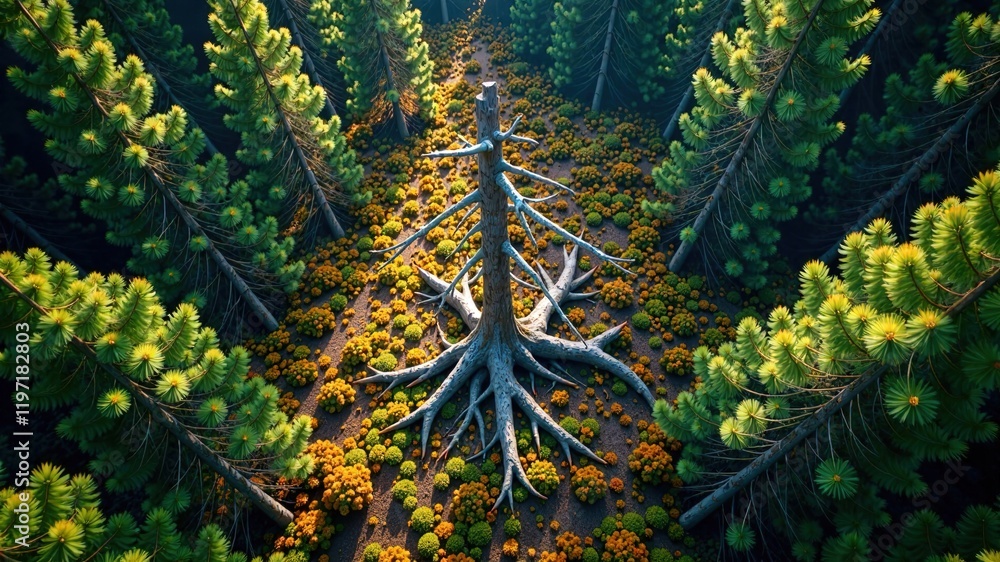 Fototapeta premium Majestic Dead Fir in Forest Canopy - Aerial View