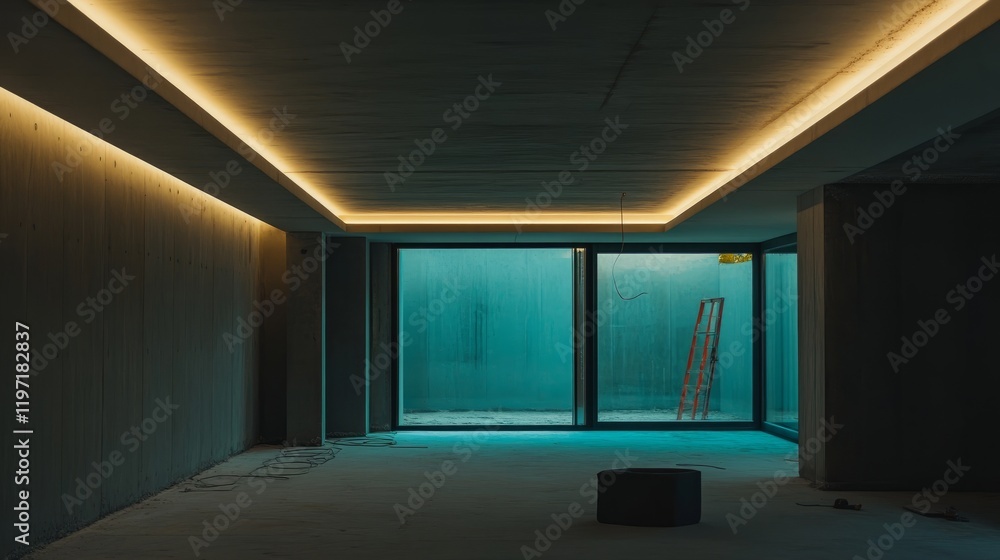 View of a minimalist living room during LED lighting installation on a suspended ceiling, highlighting the home renovation process. View of a minimalist living room during LED lighting installation on a suspended ceiling, highlighting the home renovation process.