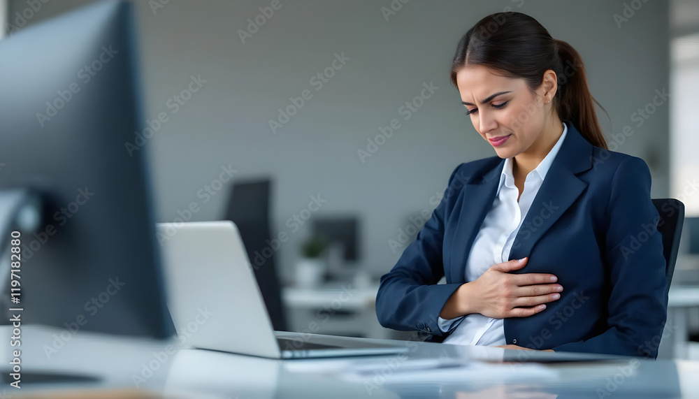 Businesswoman Experiencing Chest Pain at Work Stress Anxiety Health Concerns Office Setting Professional Woman Healthcare Medical Symptoms Workplace Discomfort Female Employee Feeling Unwell
