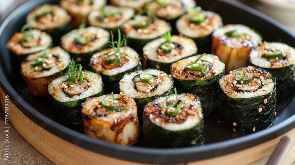 A platter of Chinese New Year fusion sushi rolls filled with char siu pork, cucumber, and a drizzle of spicy mayo. A platter of Chinese New Year fusion sushi rolls filled with char siu pork, cucumber, and a drizzle of spicy mayo.
