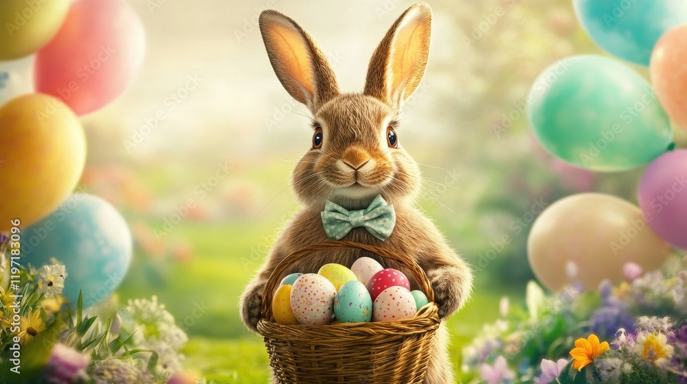 Fototapeta premium A playful bunny wearing a bow tie, holding a basket of Easter eggs, with a backdrop of pastel balloons and a springtime garden.