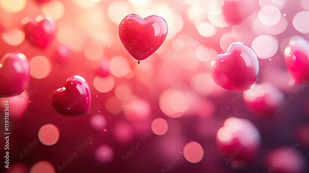 A romantic background of heart-shaped balloons floating in the air, with soft pink and red lighting creating a dreamy atmosphere. A romantic background of heart-shaped balloons floating in the air, with soft pink and red lighting creating a dreamy atmosphere.