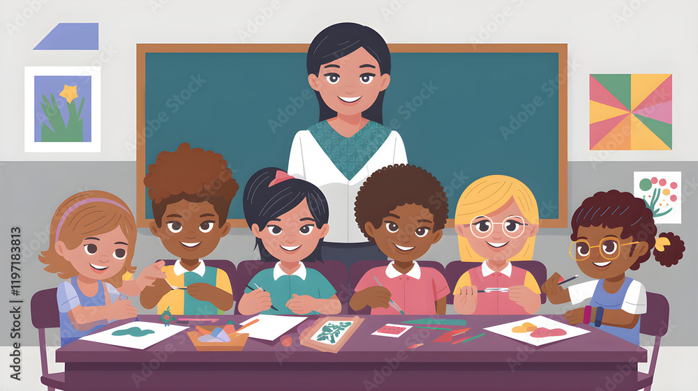Children Engaged in Creative Art Class with Teacher in Classroom Children Engaged in Creative Art Class with Teacher in Classroom