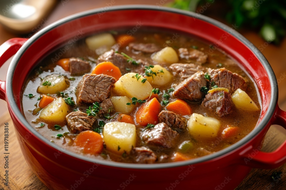 A close-up view of a delicious homemade stew with hearty beef chunks and a mix of root vegetables, cooked to perfection, offering a warm and satisfying meal option. A close-up view of a delicious homemade stew with hearty beef chunks and a mix of root vegetables, cooked to perfection, offering a warm and satisfying meal option.