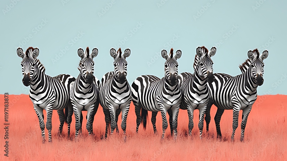 Fototapeta premium Five zebras stand in a row on coral-colored grass against a light blue sky.