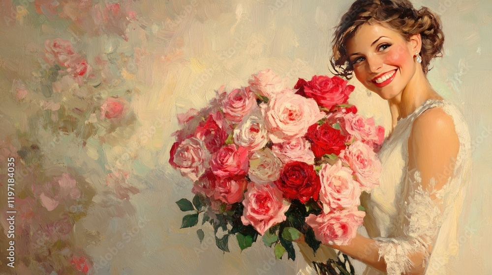 A romantic bouquet of roses in various shades of pink and red, held by a smiling woman wearing a white dress. A romantic bouquet of roses in various shades of pink and red, held by a smiling woman wearing a white dress.