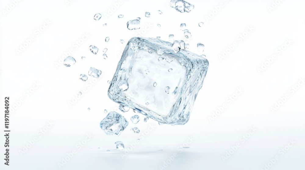 A transparent ice cube hovers effortlessly surrounded by tiny droplets, representing clarity, purity, and the delicate balance between solid and liquid forms. A transparent ice cube hovers effortlessly surrounded by tiny droplets, representing clarity, purity, and the delicate balance between solid and liquid forms.
