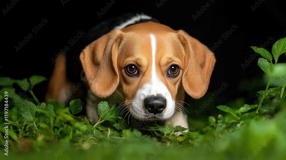A Curious Dog Gazes Through Lush Green Leaves Framing Its Playful Expression Capturing the Essence of Nature and Animal Connection in a Forest A Curious Dog Gazes Through Lush Green Leaves Framing Its Playful Expression Capturing the Essence of Nature and Animal Connection in a Forest