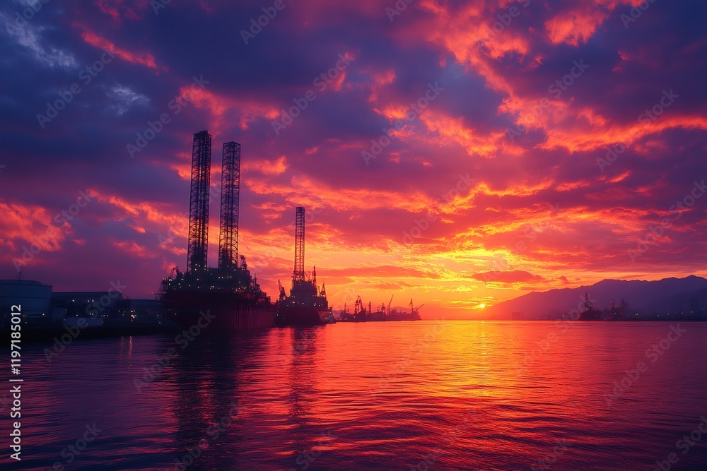 Offshore oil rig platforms reflecting on calm ocean at sunset Offshore oil rig platforms reflecting on calm ocean at sunset