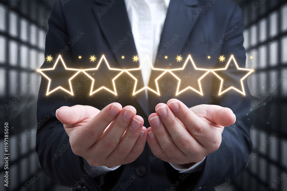 Man in Suit Holding Glowing Stars with Business Background Man in Suit Holding Glowing Stars with Business Background