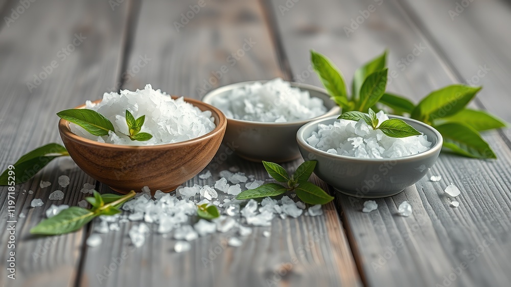 Natural Sea Salt Bowls with Green Leaves on Grey Wood - High-Quality AI Photo Natural Sea Salt Bowls with Green Leaves on Grey Wood - High-Quality AI Photo