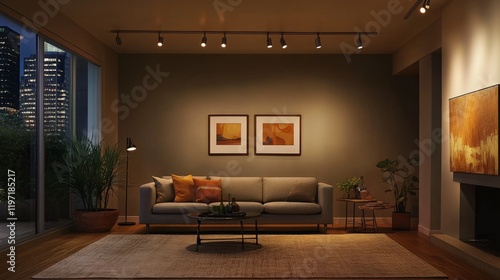 Wall-mounted lighting in a modern living room, featuring a track LED-lighting system and spotlights under the ceiling for optimal lighting.
