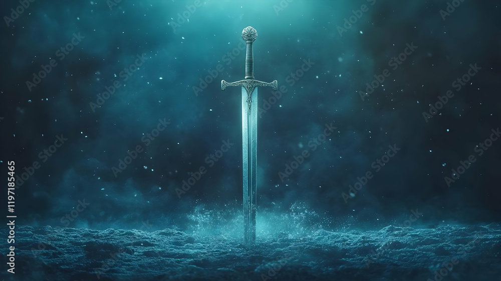 Naklejka premium Fantasy Sword in Frozen Landscape 3D Illustration