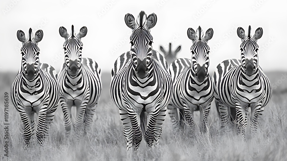 Fototapeta premium Five zebras in monochrome, walking towards the camera in tall grass.