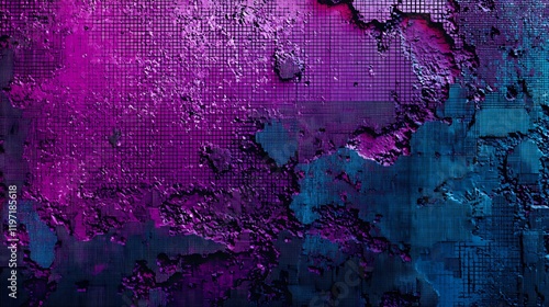 3D digital glitch wall texture in deep purple and cyan, with pixelated, fragmented patterns for a bold modern look.
