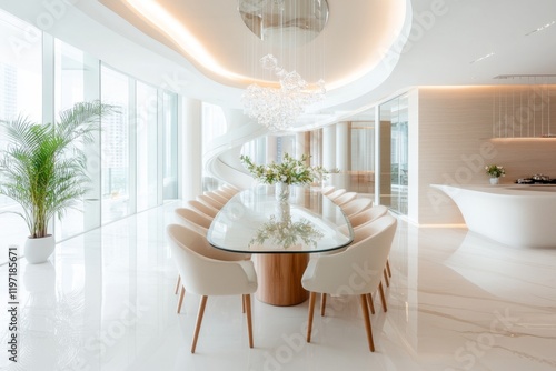 A luxurious dining room setup with a long glass table, elegant upholstered chairs, and a chandelier emitting soft, realistic lighting