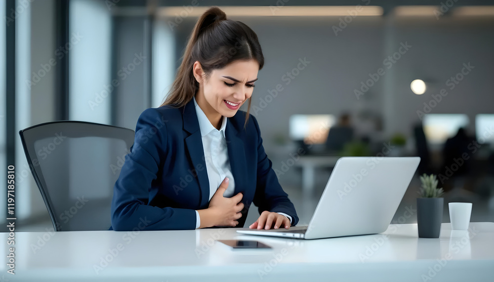 Businesswoman Experiencing Stomach Pain While Working on Laptop in Modern Office - Professional Woman Feeling Discomfort at Desk - Corporate Health Issues - Workplace Stress and Wellbeing