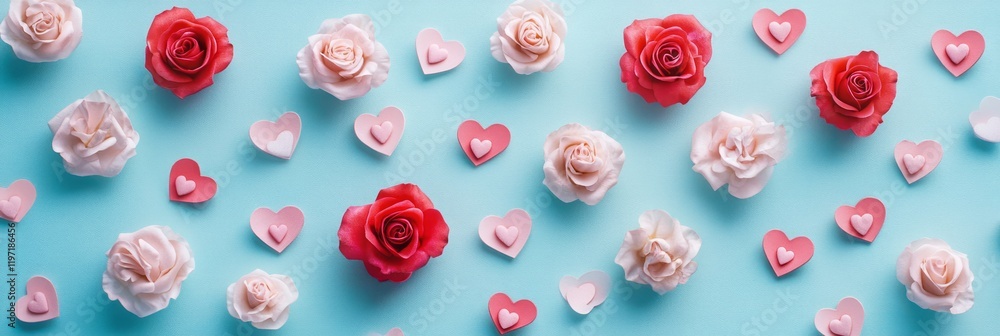 Valentine day or Mother day background decorated with pink red hearts and roses flowers Valentine day or Mother day background decorated with pink red hearts and roses flowers