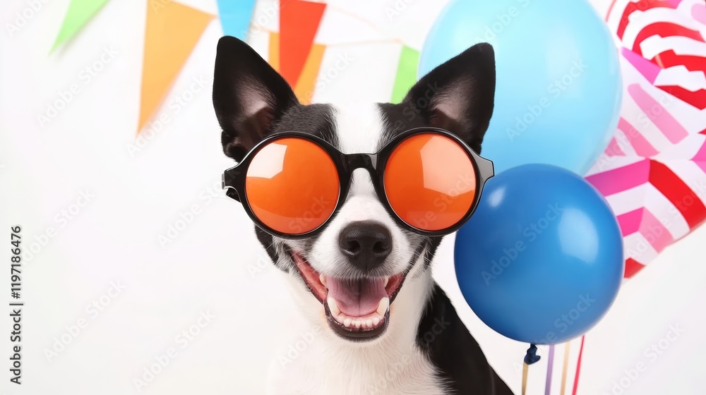 Cheerful Dog with Sunglasses Enjoys a Festive Party Atmosphere with Colorful Balloons and Flags as the Perfect Companion for Joy and Celebration Cheerful Dog with Sunglasses Enjoys a Festive Party Atmosphere with Colorful Balloons and Flags as the Perfect Companion for Joy and Celebration